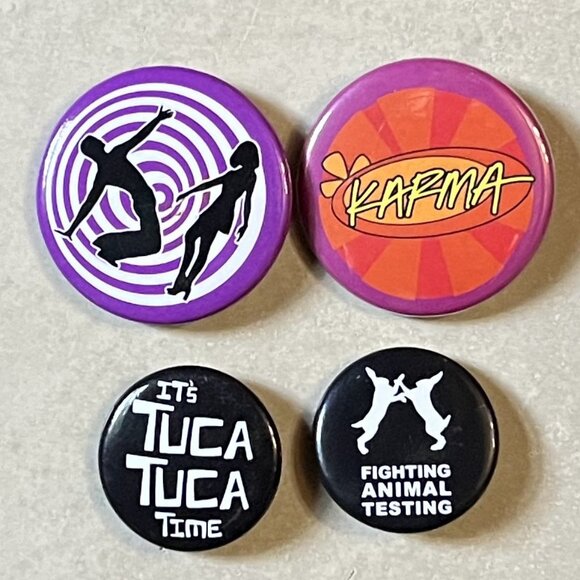 4 RARE LUSH Staff Buttons: Tuca Tuca & Karma Perfumes/Fighting Animal Testing - Picture 1 of 2